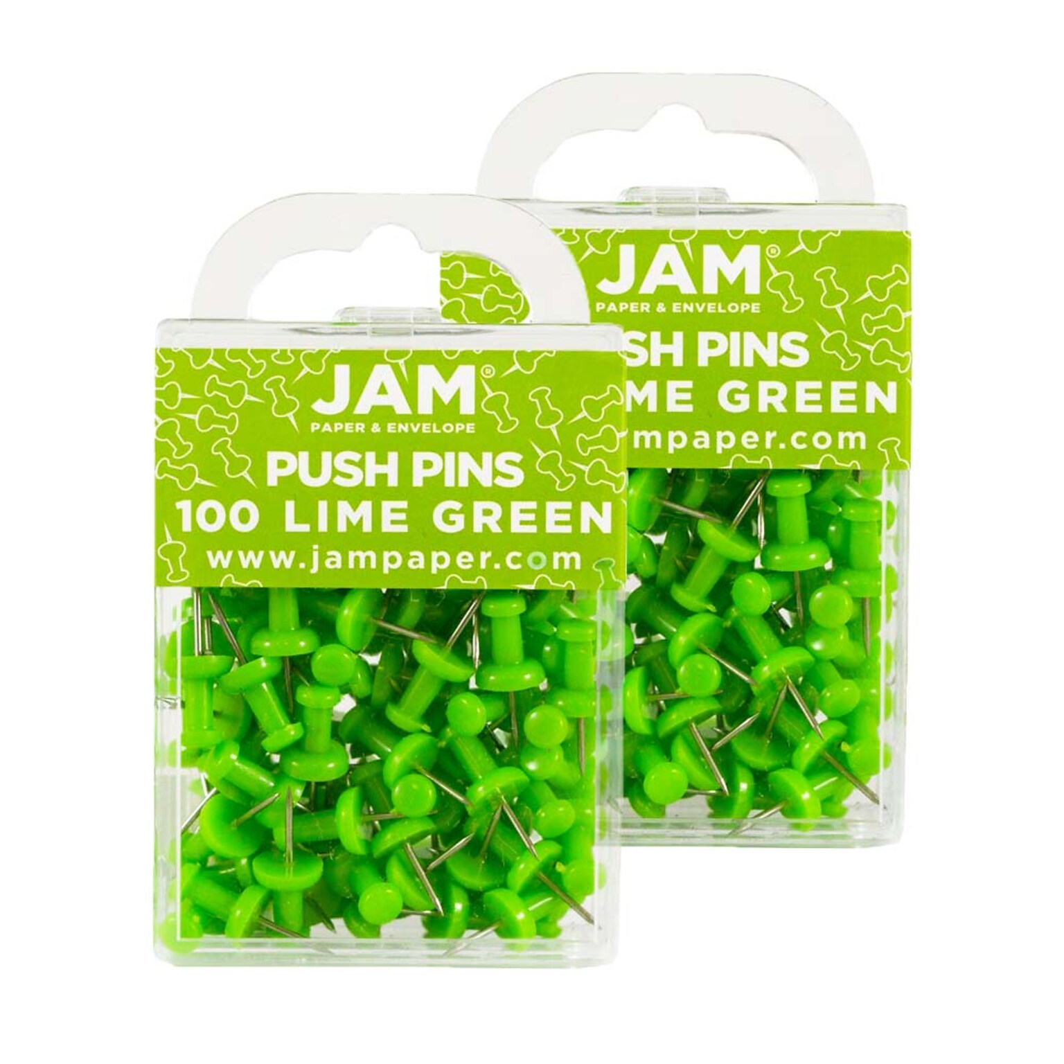 JAM Paper Push Pins, Lime Green, 2 Packs of 100 (522416893A)