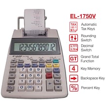 Sharp EL-1750V 12-Digit Desktop Printing Calculator, White