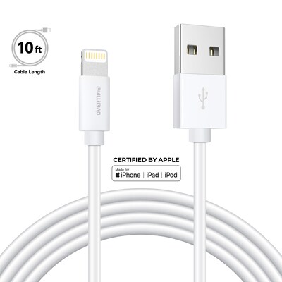 Overtime 10' Lightning to USB-A Cable for iPad/iPhone7/8/X/iPod, White (MFIWHITE10FT)