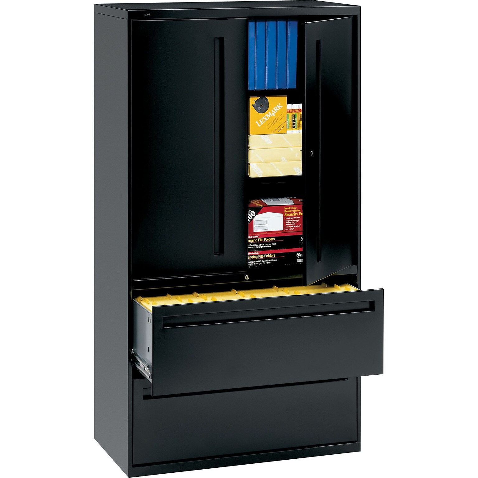 HON® 700 Series 2 Drawer Lateral File Cabinet w/Roll-Out & Posting Shelves, Black, Letter/Legal, 36W (HON785LSP)