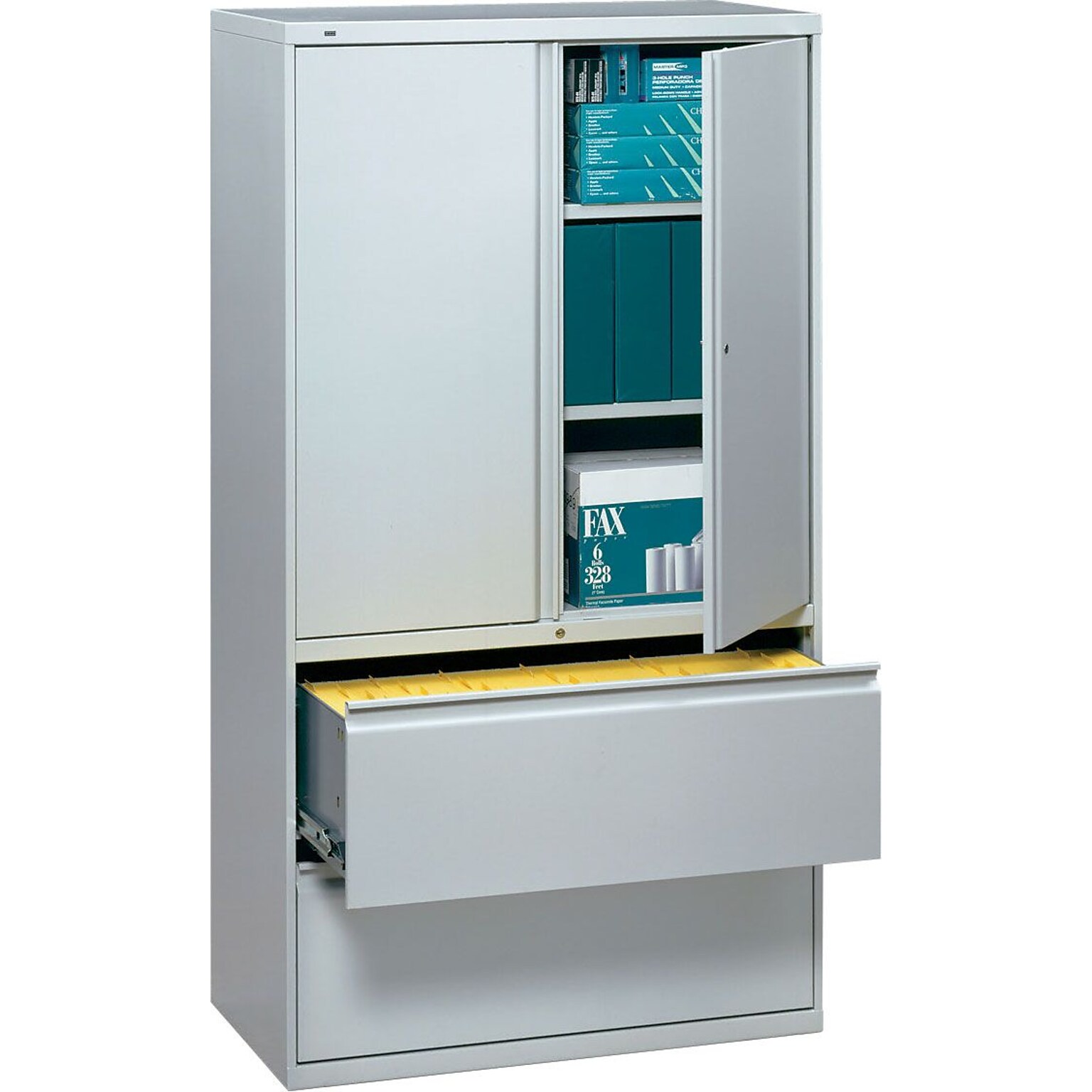 HON® 700 Series 2 Drawer Lateral File Cabinet w/Roll-Out & Posting Shelves, Light Grey, Letter/Legal, 36W (HON785LSQ)