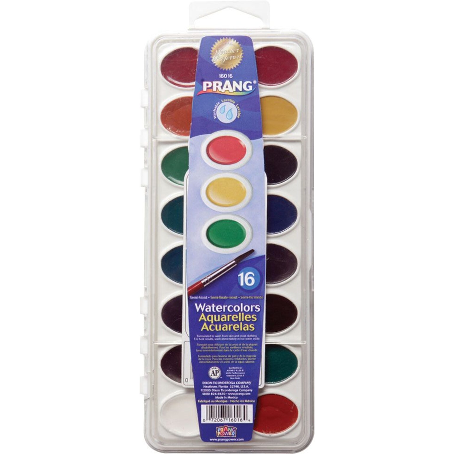 Prang Semi-Moist Washable Watercolor Paint with Brush, Assorted Colors, 16 Colors/Set (16016)