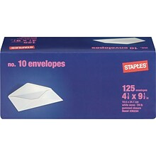Staples Gummed White Wove #10 Standard Business Envelopes, 4 1/8 x 9 1/2, White, 125/Box (235234/1