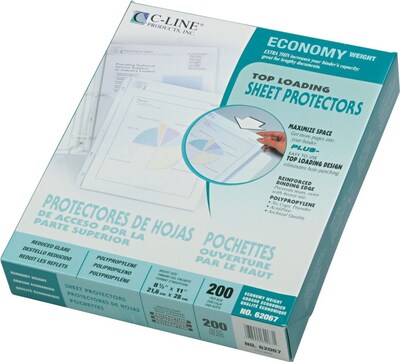 C-Line Top Load Sheet Protector, Standard Weight, Reduced Glare, 8-1/2 x 11, Clear, 200/Box (CLI62