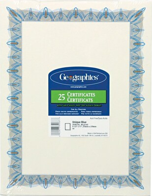 Geographics Achievement Certificates, 8.5" x 11", Blue/White, 25/Pack (GEO39087)