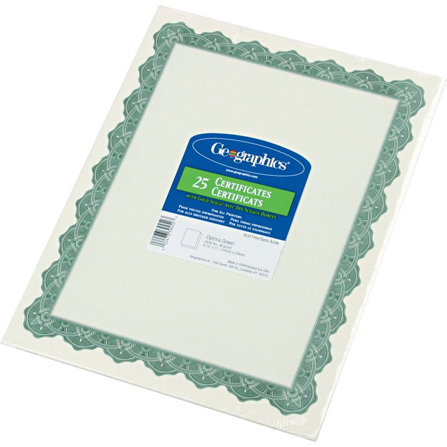 Geographics Certificates, 8.5 x 11, Green, 25/Pack (GEO39452)