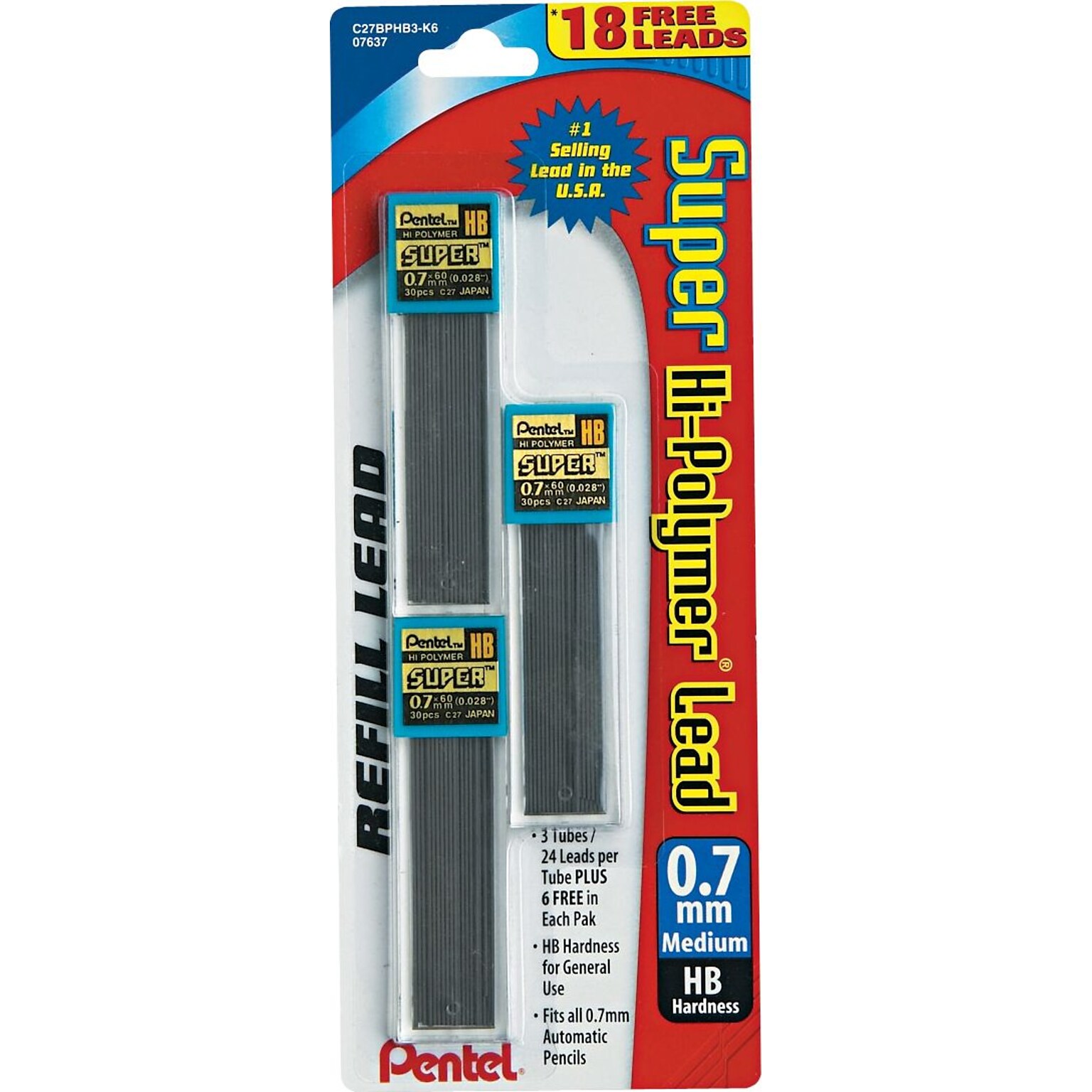 Pentel Super Hi-Polymer Lead Refill, 0.7mm, 30/Leads, 3/Pack (C27HBBP3)