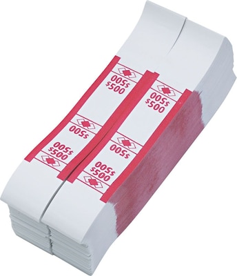 PM Company Self-Stick White Kraft Currency Straps, Color Coded for $500, Red, 1,000/Pack