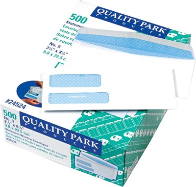 Quality Park Security Tinted #9 Double Window Envelope, 3 7/8 x 8 7/8, White Wove, 500/Box (24524)