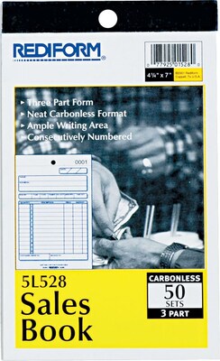 Rediform 3-Part Carbonless Receipts, 4-1/4 x 6-3/8, 50 Sets/Book (RED5L528)