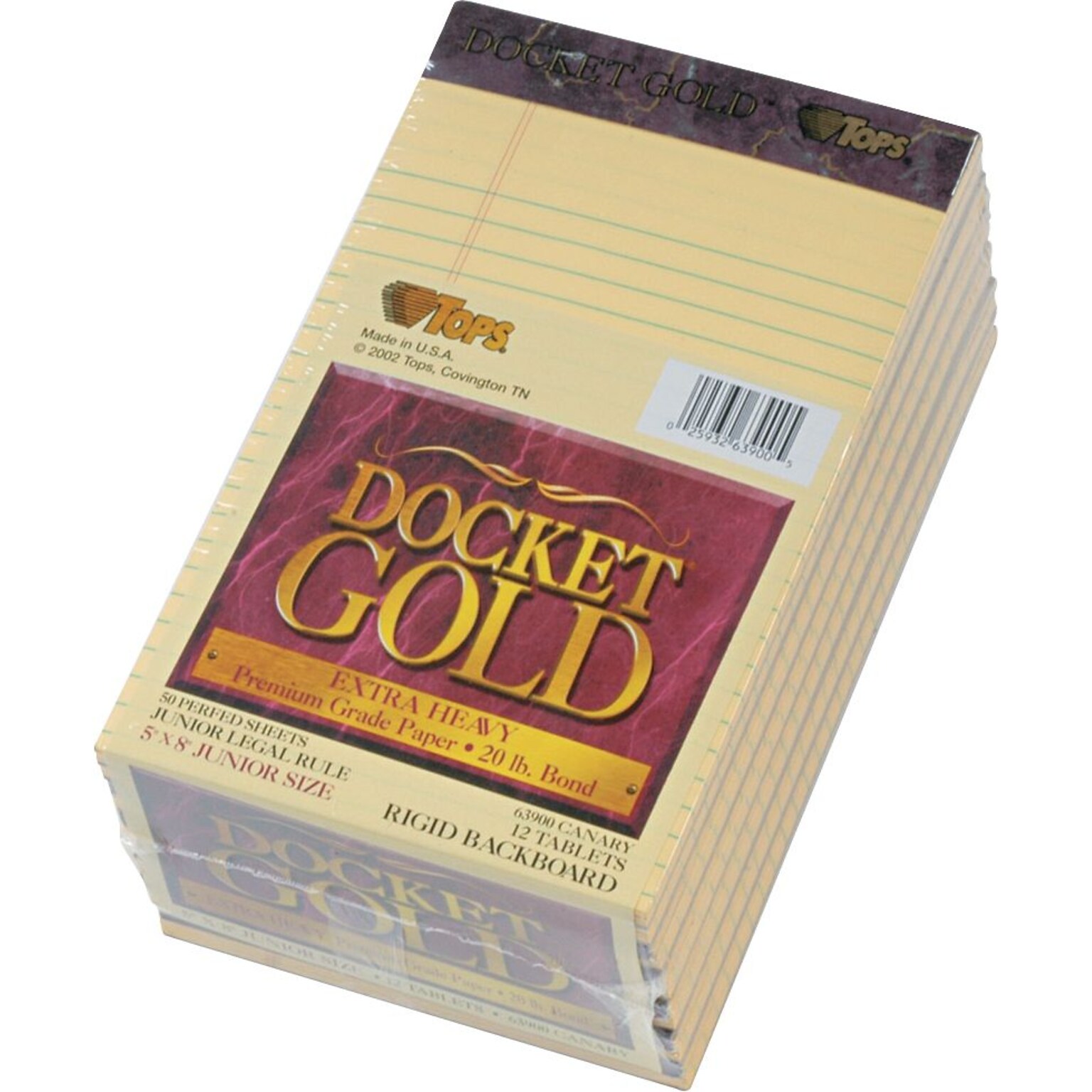 Docket® Gold Notepad, Canary, 20 lb, Rigid Back, 50 Sheets/Pad, 12 Pads/Pack, 5 x 8