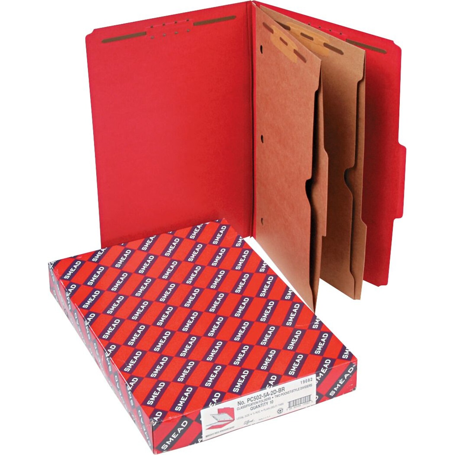 Smead Pressboard 2/5-Cut Tab Classification Folders, 6-Fasteners, 2 Pocket Partitions, Legal, Bright Red, 10/Box (19082)