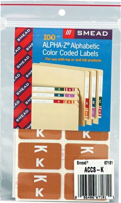Smead AlphaZ ACCS Color-Coded Alphabetic Labels, K, Light Brown, 100/Pack (67181)