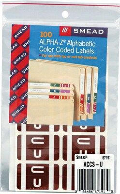 Smead AlphaZ ACCS Color-Coded Alphabetic Labels, U, Dark Brown, 100/Pack (67191)