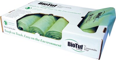BioTuf 60-64 Gallon Compostable Industrial Trash Bag, 47 x 60, Low Density, 1 Mil, Green, 5 Rolls