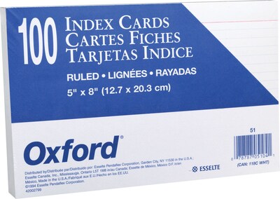 Oxford Lined Index Cards, 5 x 8, White, 100 Cards/Pack (OXF51)