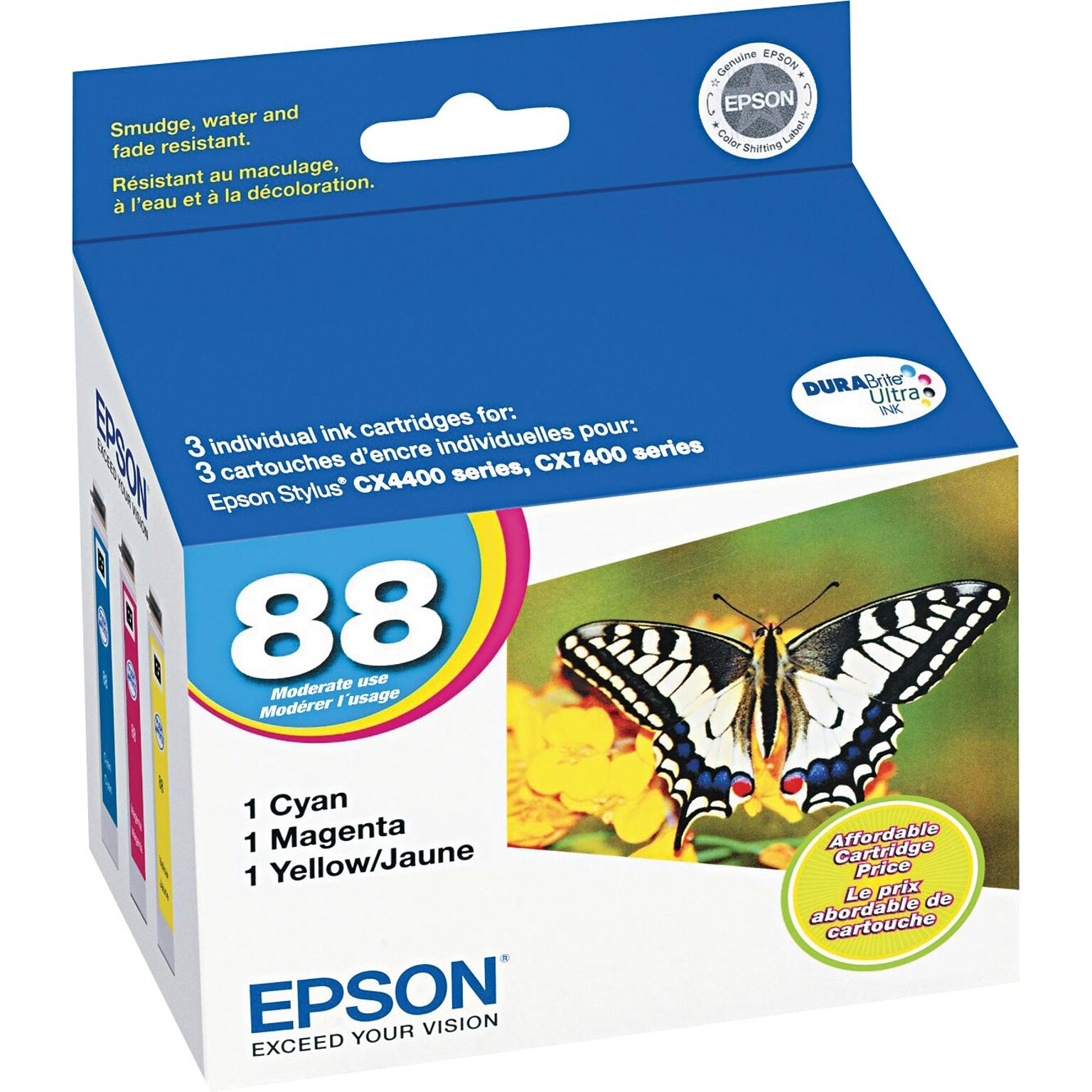 Epson T88 Cyan/Magenta/Yellow Standard Yield Ink Cartridge, 3/Pack (T088520-S)