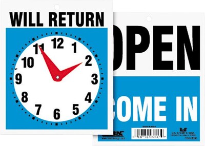 Headline® Reversible OPEN/WILL RETURN Business Sign with Clock, 7 1/2 x 9, 1 each