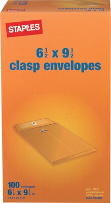 Staples Clasp Kraft Catalog Envelopes, 6-1/2" x 9-1/2", Brown, 100/Box (534990/19815)