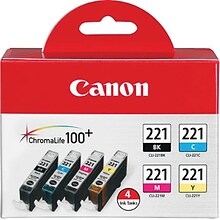 Canon 221 Black/Cyan/Magenta/Yellow Standard Yield Ink Cartridge,  4/Pack (2946B004)