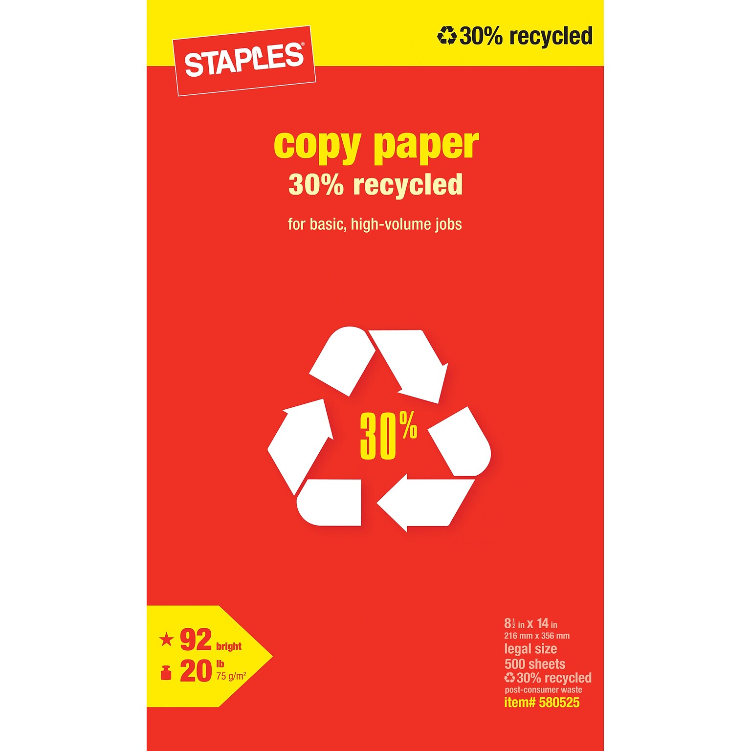 Staples® 30% Recycled 8.5 x 14 Copy Paper, 20 lbs., 92 Brightness, 500/Ream (112380)