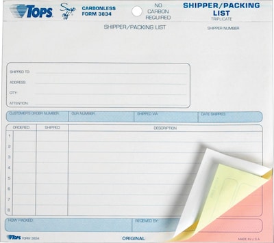 TOPS Snap-Off 3-Part Carbonless Packing Slips, 8-1/2 x 7, 50 Sets/Book (3834)