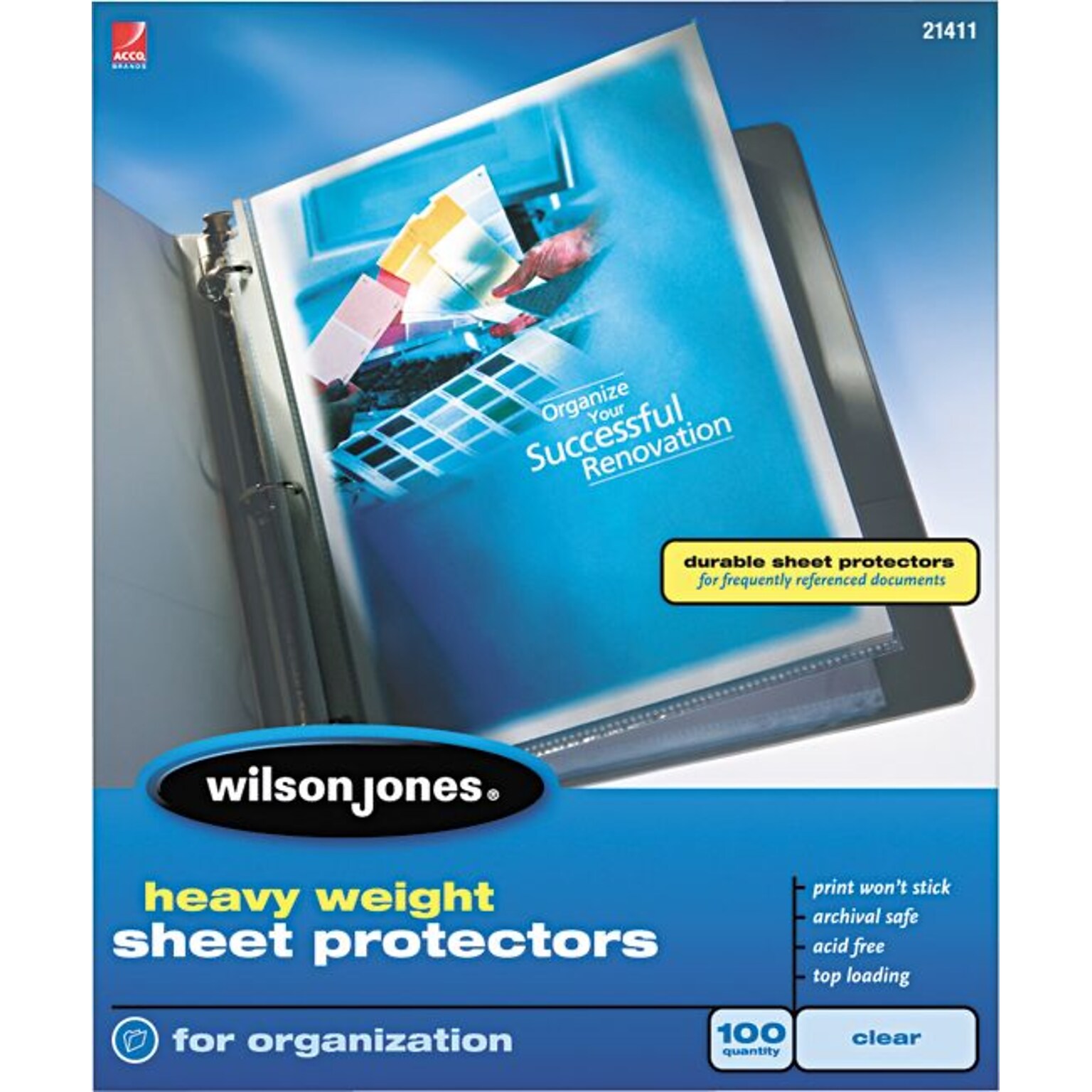 Wilson Jones Top-Loading Sheet Protectors, Heavy Weight, 8-1/2 x 11,  Clear, 3.3 mil, 100/Box (WLJ21411)