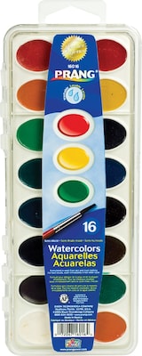Prang Semi-Moist Washable Watercolor Paint with Brush, Assorted Colors, 16 Colors/Set (16016)