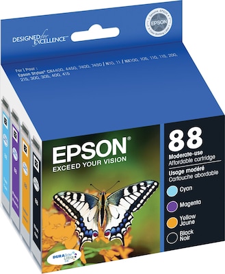 Epson T88 Black/Cyan/Magenta/Yellow Standard Yield Ink Cartridge, 4/Pack (T088120-BCS)