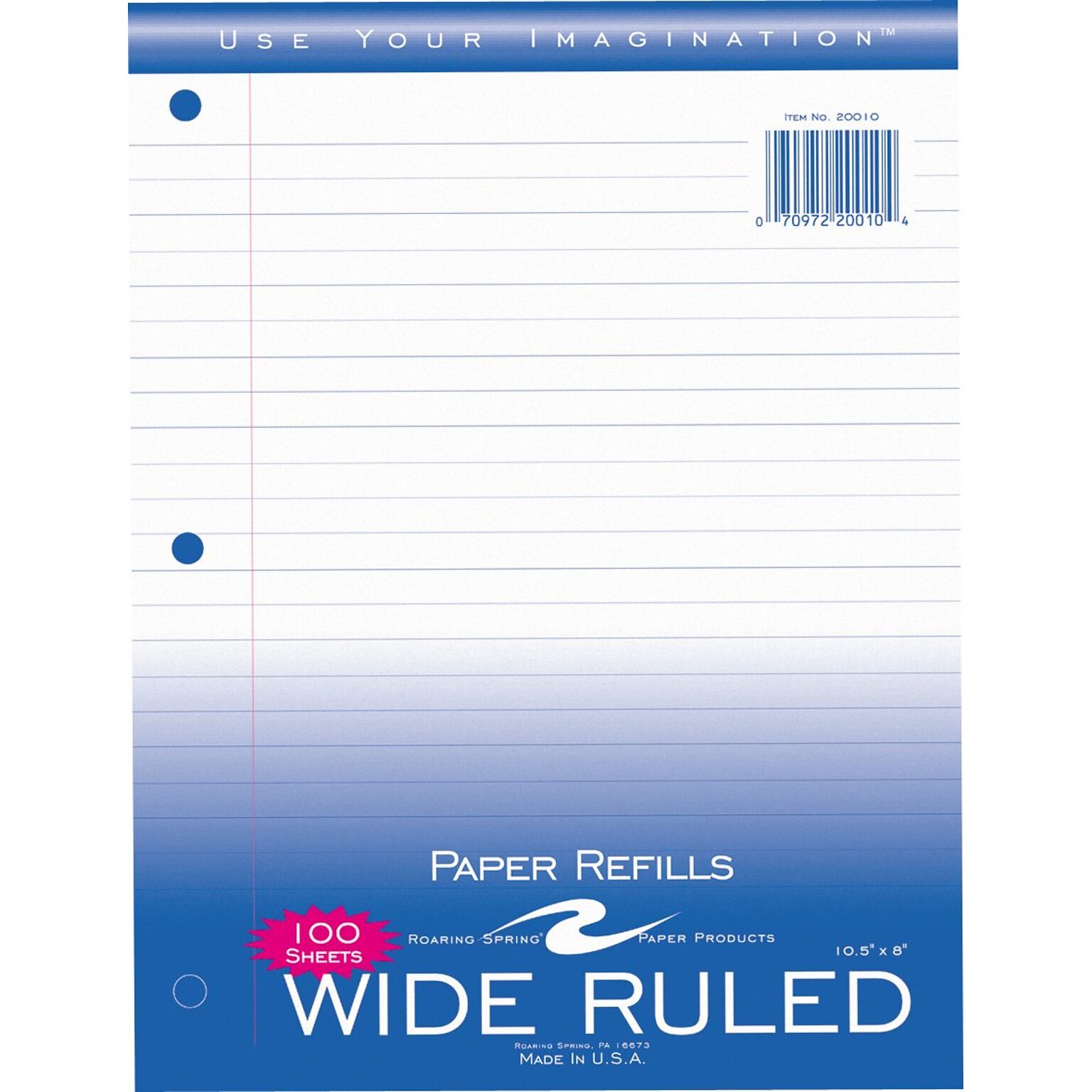 Roaring Spring Paper Products Wide Ruled Filler Paper, 8 x 10.5, 3-Hole Punched, 100 Sheets/Pack (20010)