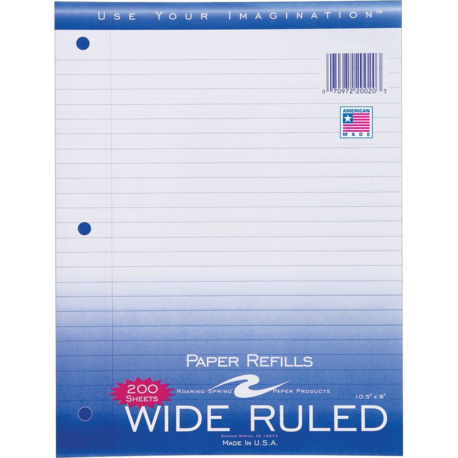 Roaring Spring Paper Products Wide Ruled Filler Paper, 8 x 10.5, 3-Hole Punched, 200 Sheets/Pack (20020)