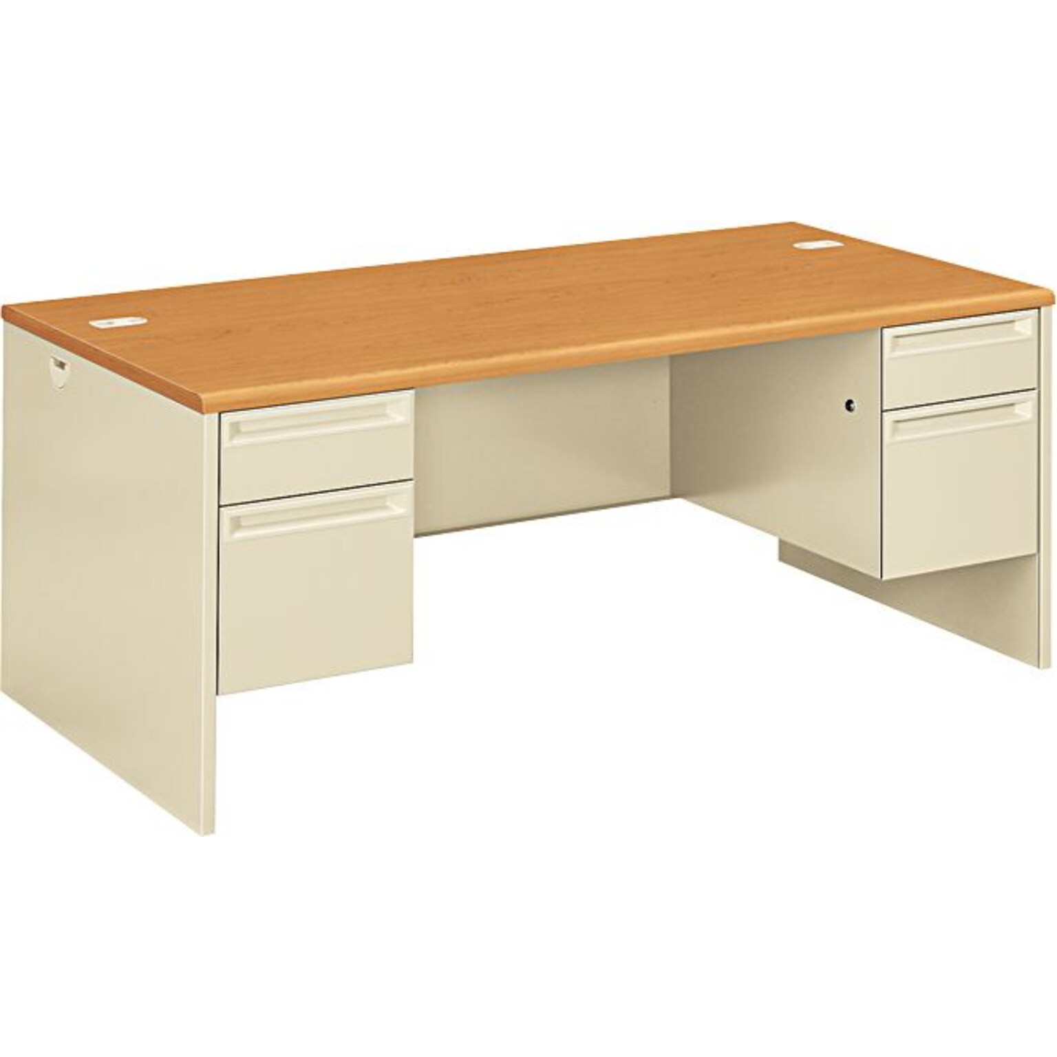 HON® 38000 Series Double Pedestal Desk, Harvest Oak/Putty, 72Wx36D