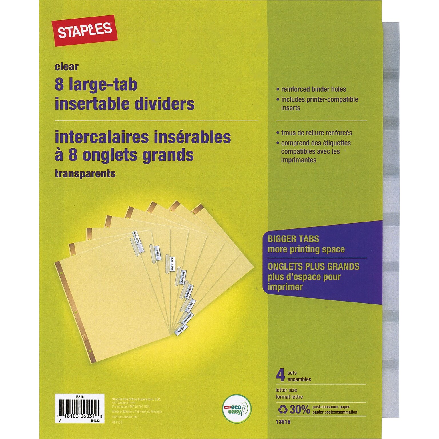 Staples Big Tab Insertable Dividers, 8-Tab, Clear, 4/Pack (13516)