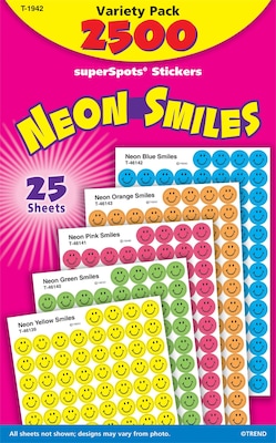 superSpots® Sticker Variety Pack, Neon Smiles, 2,500 per Pack
