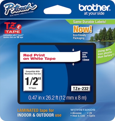 Brother P-touch TZe-232 Laminated Label Maker Tape, 1/2 x 26-2/10, Red On White, 6/Pack (TZe-232CT