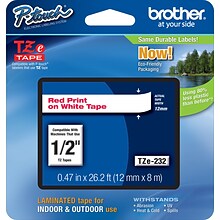 Brother P-touch TZe-232 Laminated Label Maker Tape, 1/2 x 26-2/10, Red On White, 6/Pack (TZe-232CT