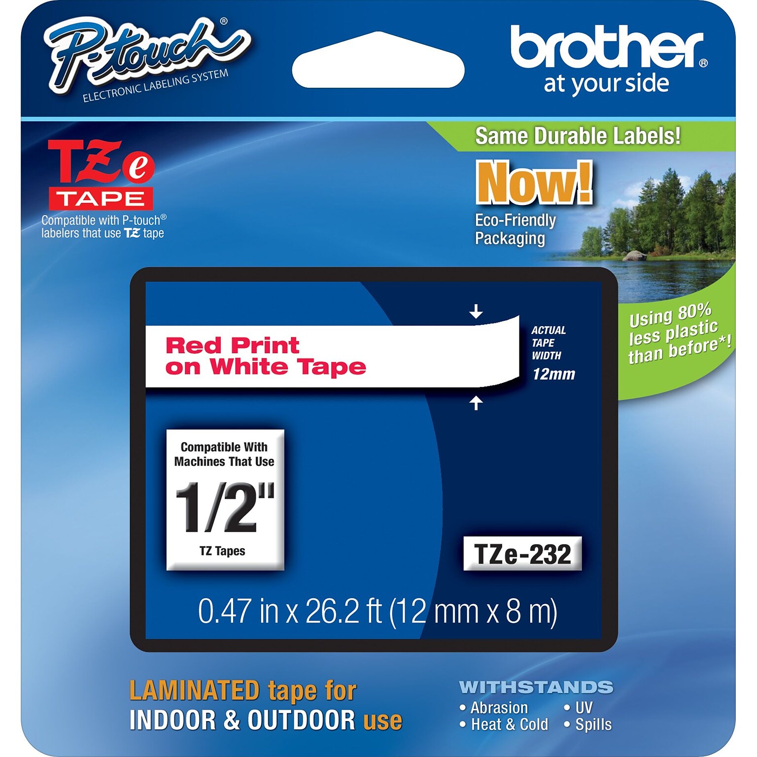 Brother P-touch TZe-232 Laminated Label Maker Tape, 1/2 x 26-2/10, Red On White, 6/Pack (TZe-232CT)