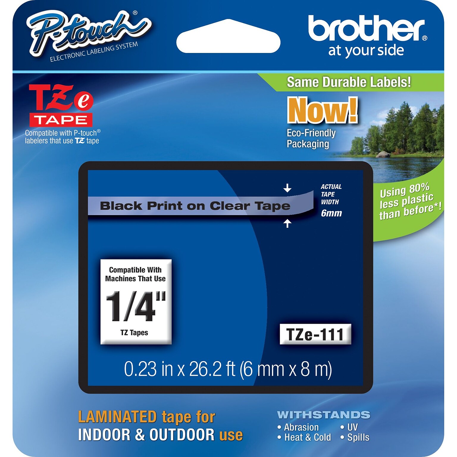 Brother P-touch TZe-111 Laminated Label Maker Tape, 1/4 x 26-2/10, Black on Clear (TZe-111)