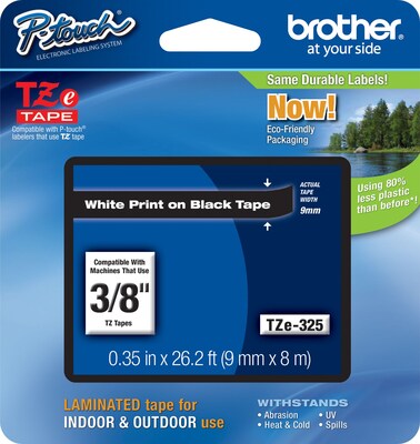 Brother P-touch TZe-325 Laminated Label Maker Tape, 3/8 x 26-2/10, White on Black (TZe-325)