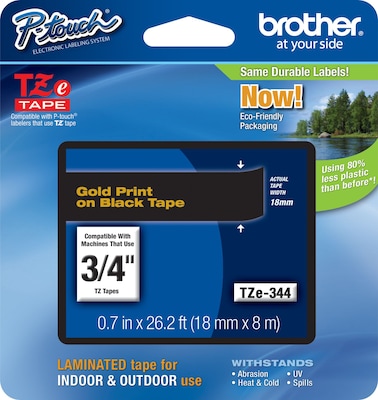 Brother P-touch TZe-344 Laminated Label Maker Tape, 3/4 x 26-2/10, Gold on Black (TZe-344)