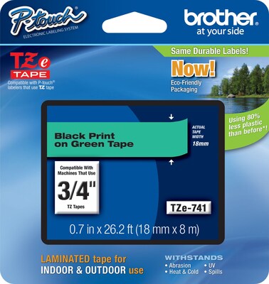 Brother P-touch TZe-741 Laminated Label Maker Tape, 3/4 x 26-2/10, Black On Green (TZe-741)