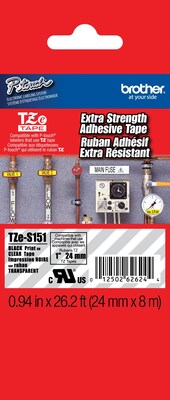 Brother P-touch TZe-S151 Laminated Extra Strength Label Maker Tape, 1 x 26-2/10, Black on Clear (T