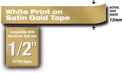 Brother P-touch TZe-MQ835 Laminated Label Maker Tape, 1/2 x 16-4/10, White on Satin Gold (TZe-MQ83