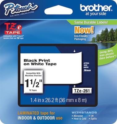 Brother P-touch TZe-261 Laminated Label Maker Tape, 1-1/2 x 26-2/10, Black On White (TZe-261)
