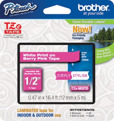 Brother P-touch TZe-MQP35 Laminated Label Maker Tape, 1/2 x 16-4/10, White on Berry Pink (TZe-MQP3