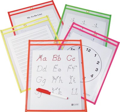 C-Line 9" x 12" Reusable Dry Erase Pocket, Assorted Neon Colors, 10/Pack (CLI40810)