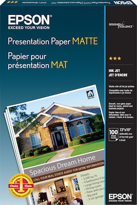Epson® Photo-Quality Matte Inkjet Paper, 4.9 mil, 13 x 19, 100 Sheets/Pk (S041069)
