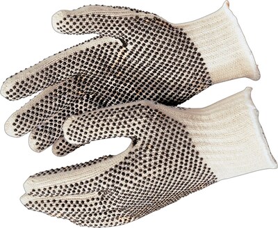 Memphis Gloves® 1 Side Dot String Knit Gloves, PVC, Knit-Wrist Cuff, L Size, Natural, 12 PRS