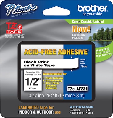 Brother P-touch TZe-AF231 Laminated Acid Free / Photo Safe Label Maker Tape, 1/2 x 26-2/10, Black