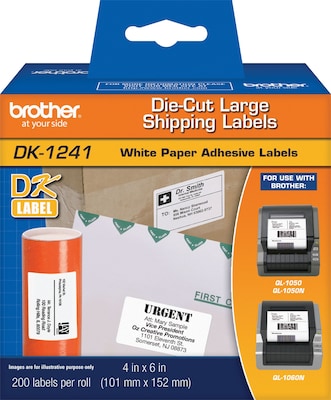Brother DK-1241 Large Shipping Paper Labels, 6 x 4, Black on White, 200 Labels/Roll (DK-1241)